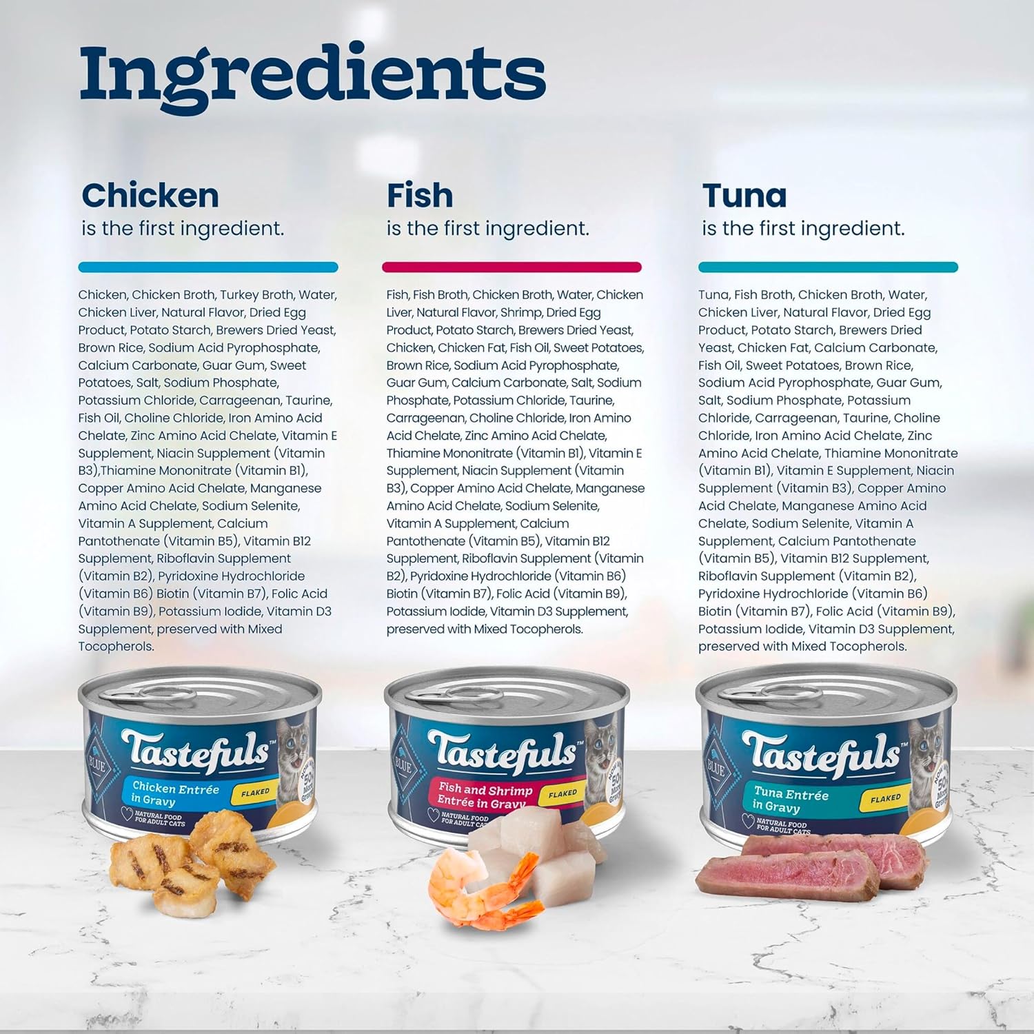Blue Buffalo Tastefuls Flaked Adult Wet Cat Food Variety Pack (Tuna, Chicken, Fish & Shrimp), Natural Ingredients Enhanced with Vitamins, Minerals & Other Nutrients, 3-oz. Each (12 Cans) - Image 5