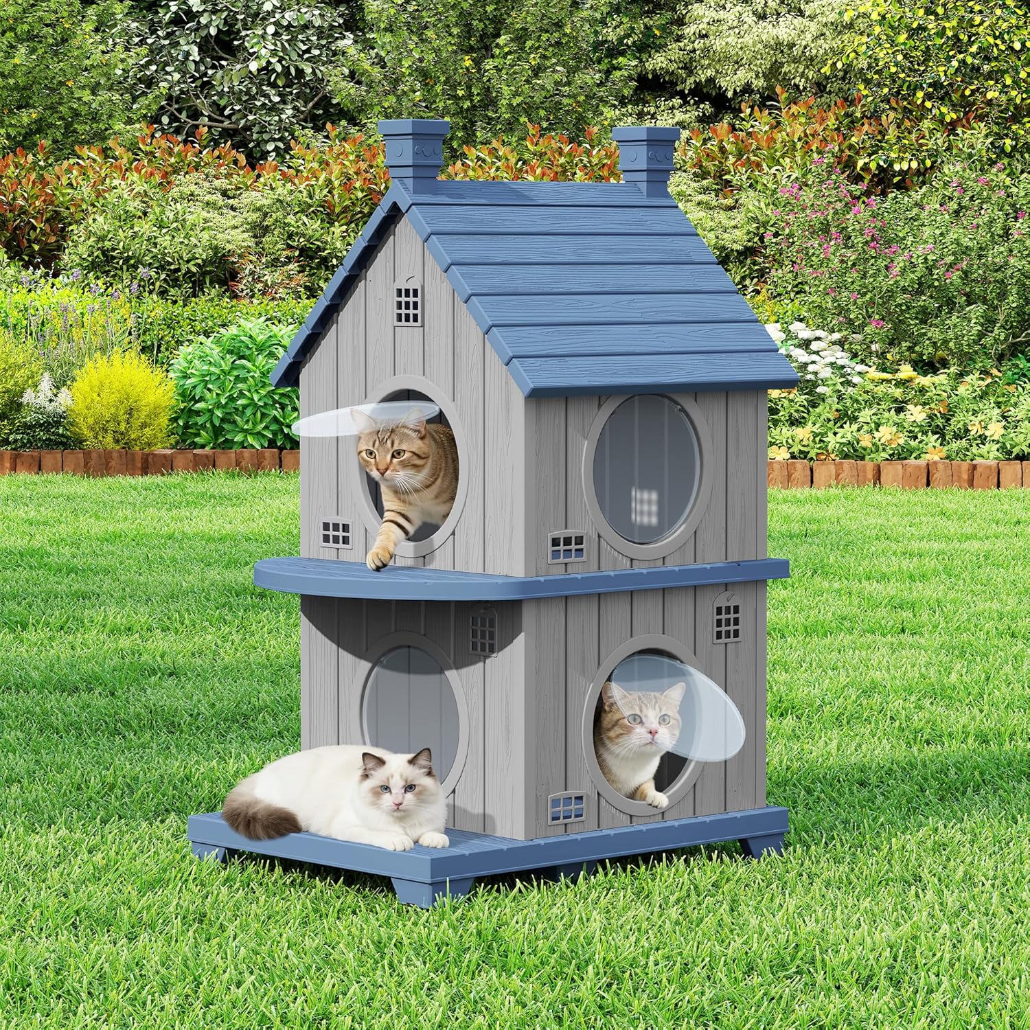 Outdoor Cat House Weatherproof, Durable Resin Cat Houses for Outdoor Indoor Cats, Litter Box Enclosure with Elevated Base, Anti-Slip Pad, Ventilation, Double-Story, Grey Blue - Image 2